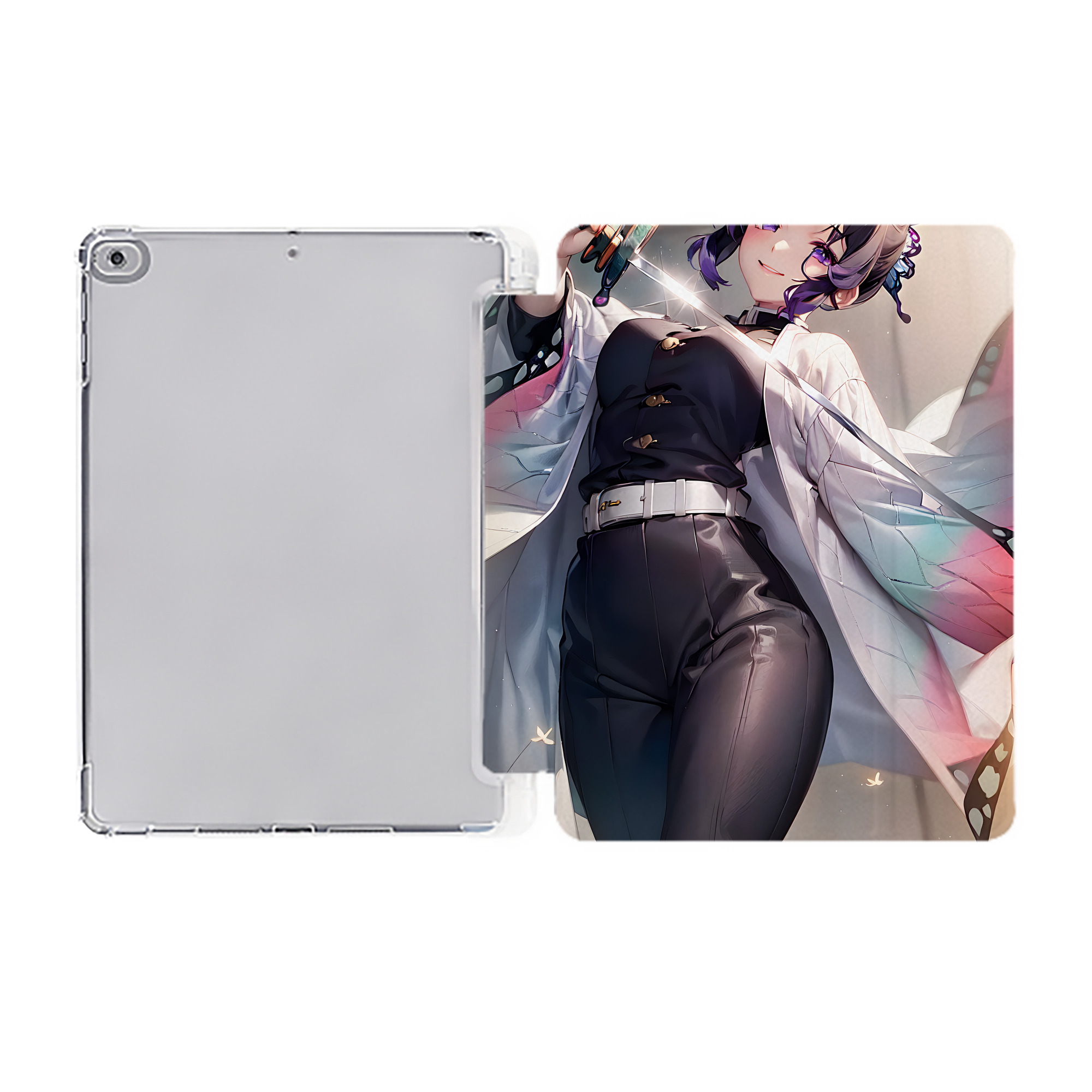 （画像用） 鬼滅の刃（きめつのやいば）蟲柱-胡蝶 しのぶ／こちょう しのぶ Kochou Shinobu IPad ケース ペン収納付き 三つ折りスタンド PUレザー×シリコン 対応機種9.5/10.5/10.9インチ